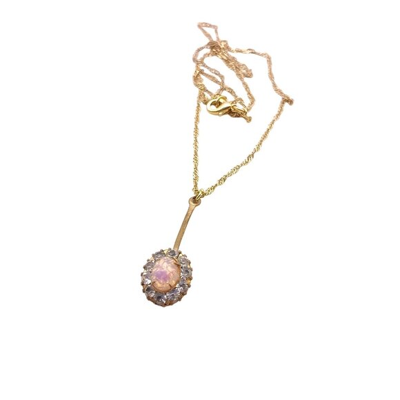 Vintage Gold Tone Chain Necklace with Glass Opal Crystal Halo Drop Pendant - Picture 2 of 5